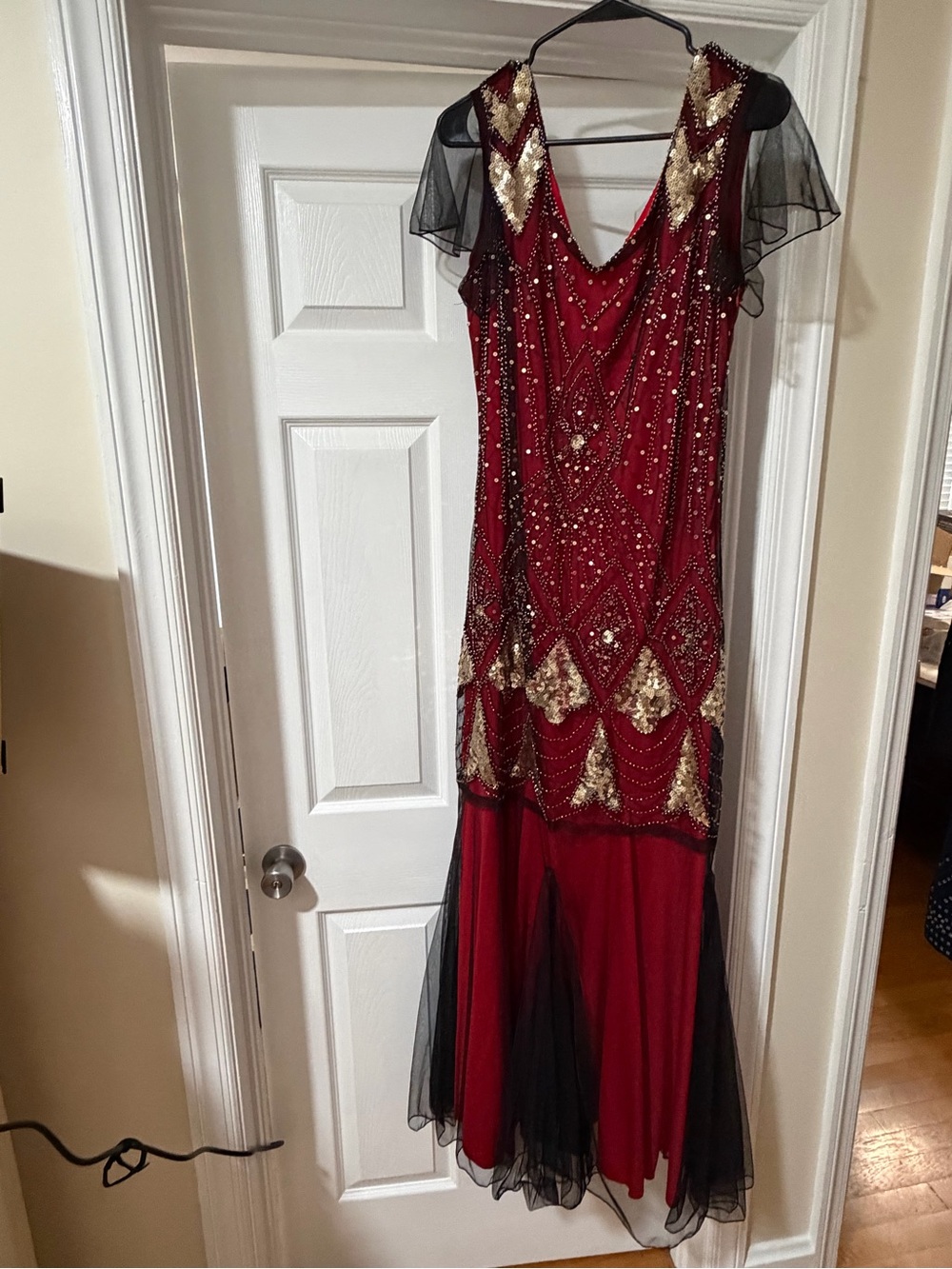 Vintage-Inspired Red Embellished Beaded Evening Dress